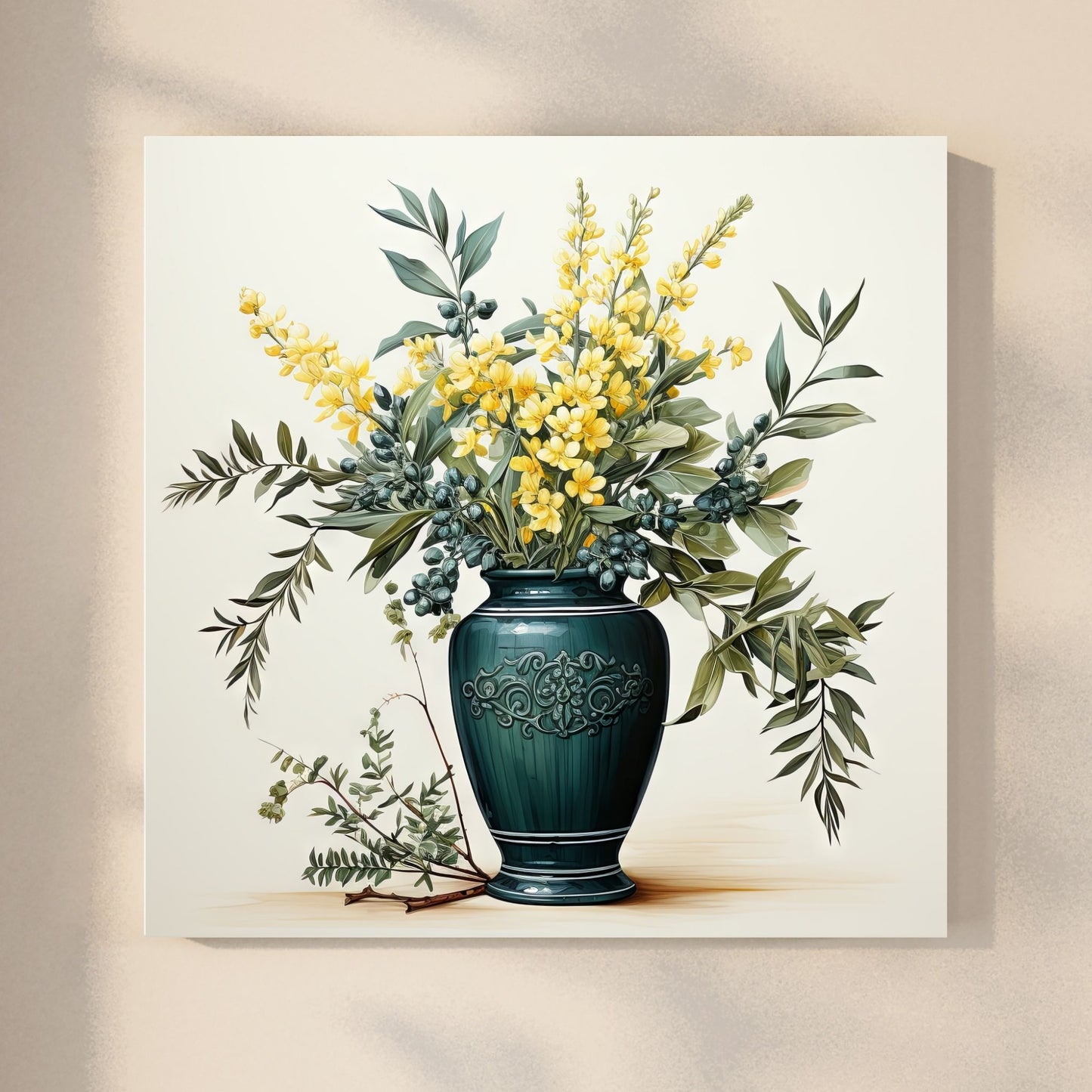 Våre "Blomster i Gult" plakat og lerret er vakkert designet med grafiske illustrasjoner i akvarell, som fremhever botaniske motiv av planter og blomster i nyanser av gult. Illustrasjonen viser motivet på lerret.