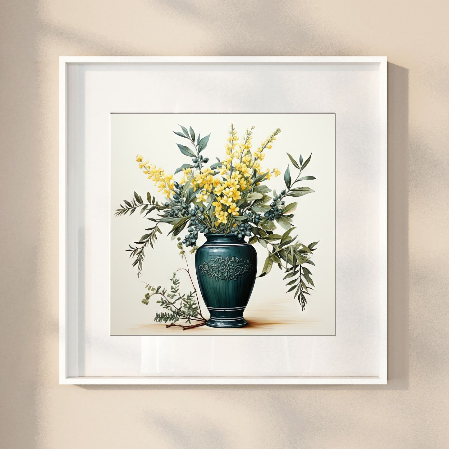 Våre "Blomster i Gult" plakat og lerret er vakkert designet med grafiske illustrasjoner i akvarell, som fremhever botaniske motiv av planter og blomster i nyanser av gult. Illustrasjonen viser motivet som plakat i hvit ramme.