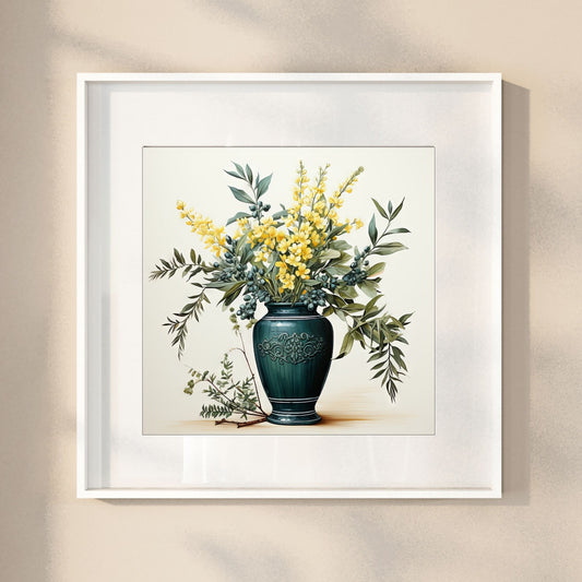 Våre "Blomster i Gult" plakat og lerret er vakkert designet med grafiske illustrasjoner i akvarell, som fremhever botaniske motiv av planter og blomster i nyanser av gult. Illustrasjonen viser motivet som plakat i hvit ramme.