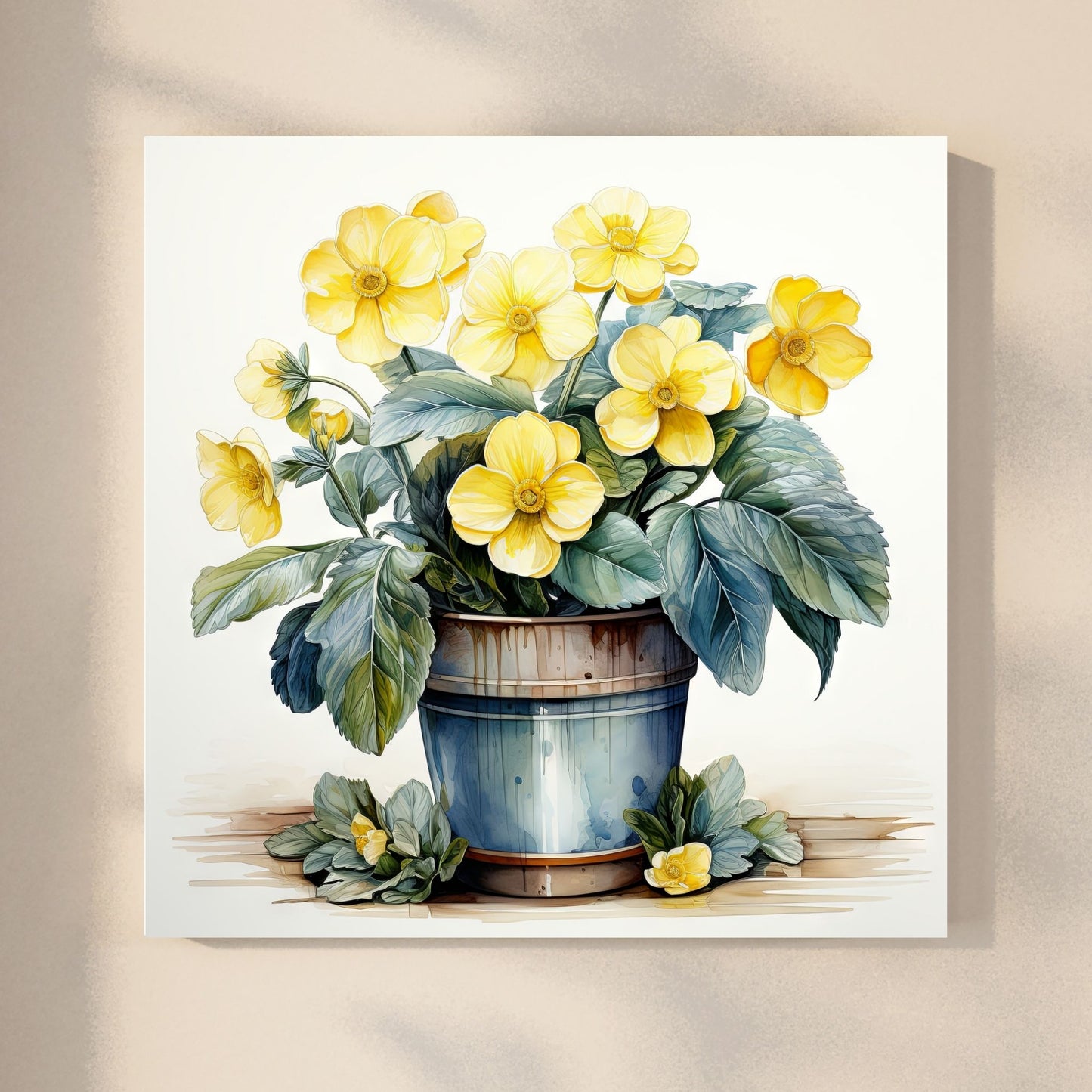 Våre "Blomster i Gult" plakat og lerret er vakkert designet med grafiske illustrasjoner i akvarell, som fremhever botaniske motiv av planter og blomster i nyanser av gult. Illustrasjonen viser motivet på lerret.
