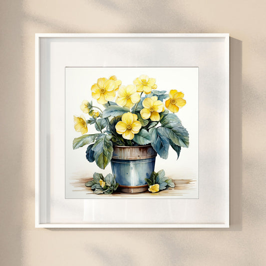 Våre "Blomster i Gult" plakat og lerret er vakkert designet med grafiske illustrasjoner i akvarell, som fremhever botaniske motiv av planter og blomster i nyanser av gult. Illustrasjonen viser motivet som plakat i hvit ramme.