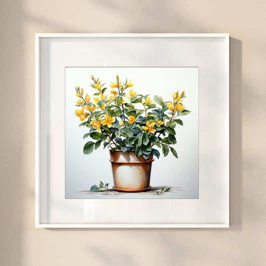 Våre "Blomster i Gult" plakat og lerret er vakkert designet med grafiske illustrasjoner i akvarell, som fremhever botaniske motiv av planter og blomster i nyanser av gult. Illustrasjonen viser motivet som plakat i hvit ramme.