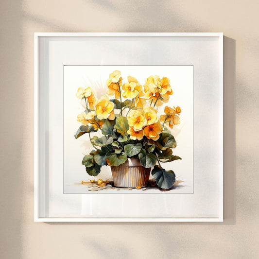 Våre "Blomster i Gult" plakat og lerret er vakkert designet med grafiske illustrasjoner i akvarell, som fremhever botaniske motiv av planter og blomster i nyanser av gult. Illustrasjonen viser motivet som plakat i hvit ramme.