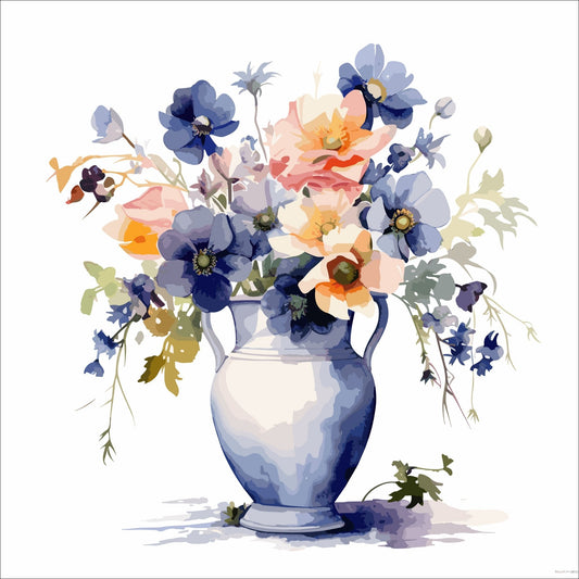 Vår "Blomster i vase" plakat og lerret er kunstnerisk utformet med grafiske illustrasjoner i akvarell, som skildrer en fargerik blomsterbukett i vase.