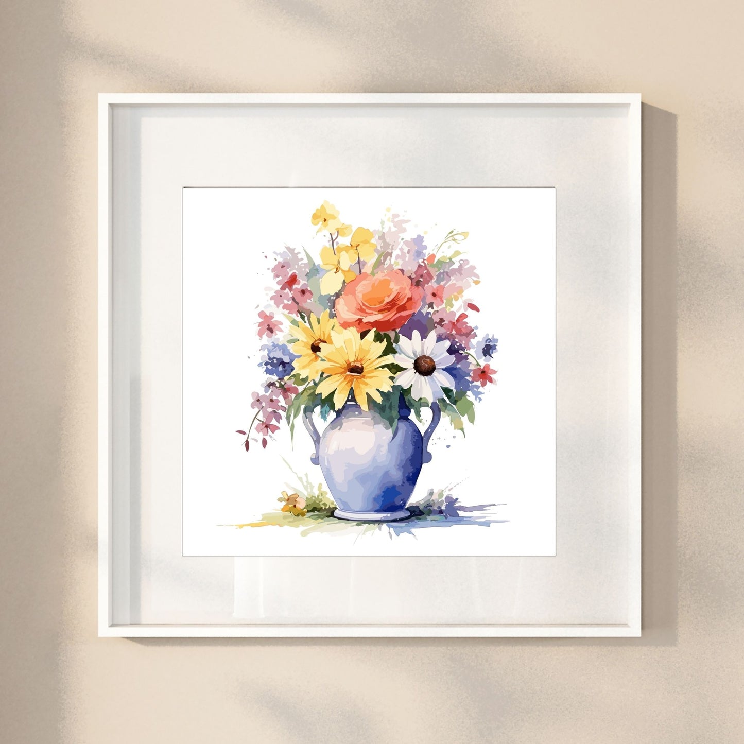 Vår "Blomster i vase" plakat og lerret er kunstnerisk utformet med grafiske illustrasjoner i akvarell, som skildrer en fargerik blomsterbukett i vase. Illustrasjonen viser motivet som plakat i en hvit ramme.