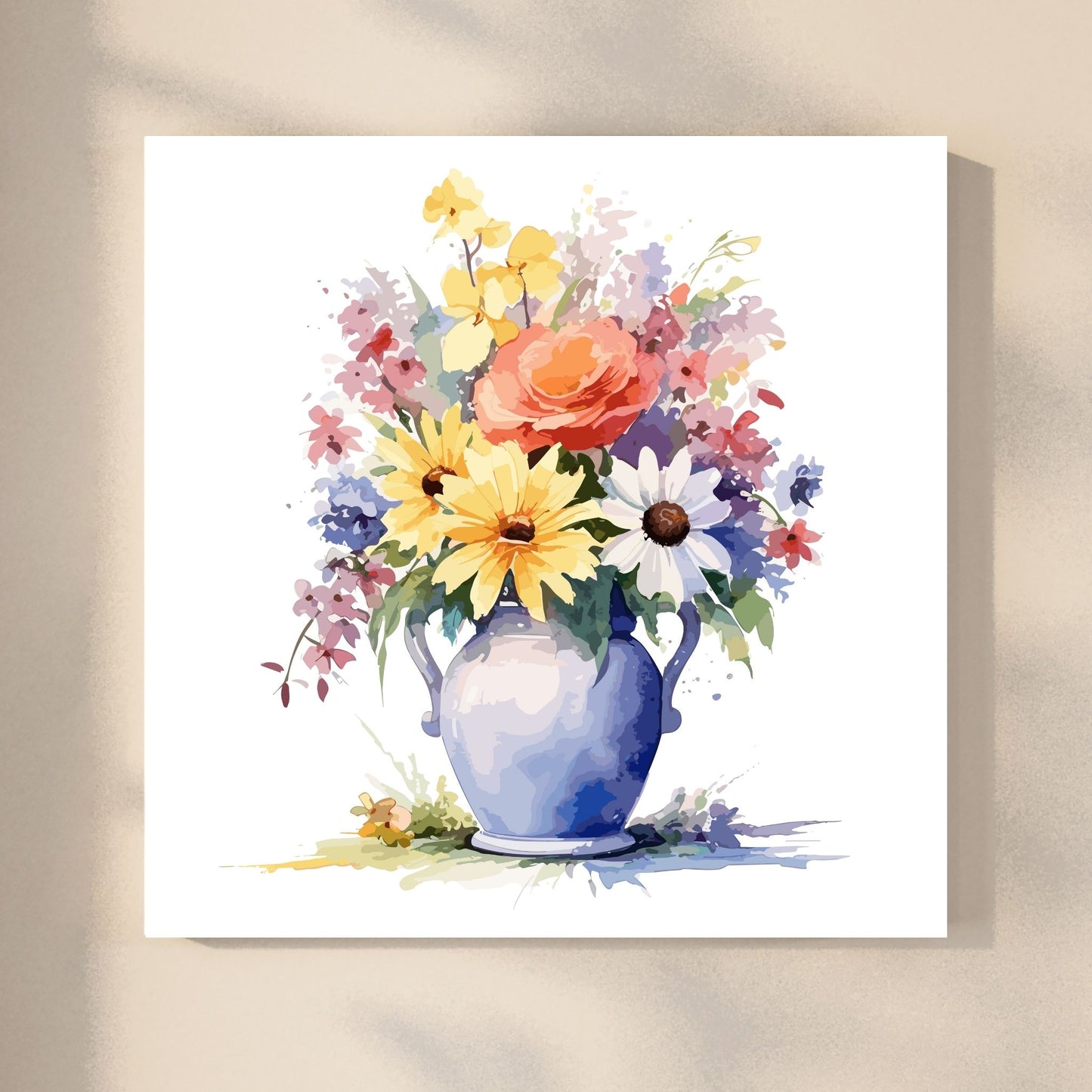 Vår "Blomster i vase" plakat og lerret er kunstnerisk utformet med grafiske illustrasjoner i akvarell, som skildrer en fargerik blomsterbukett i vase. Illustrasjonen viser motivet på lerret.