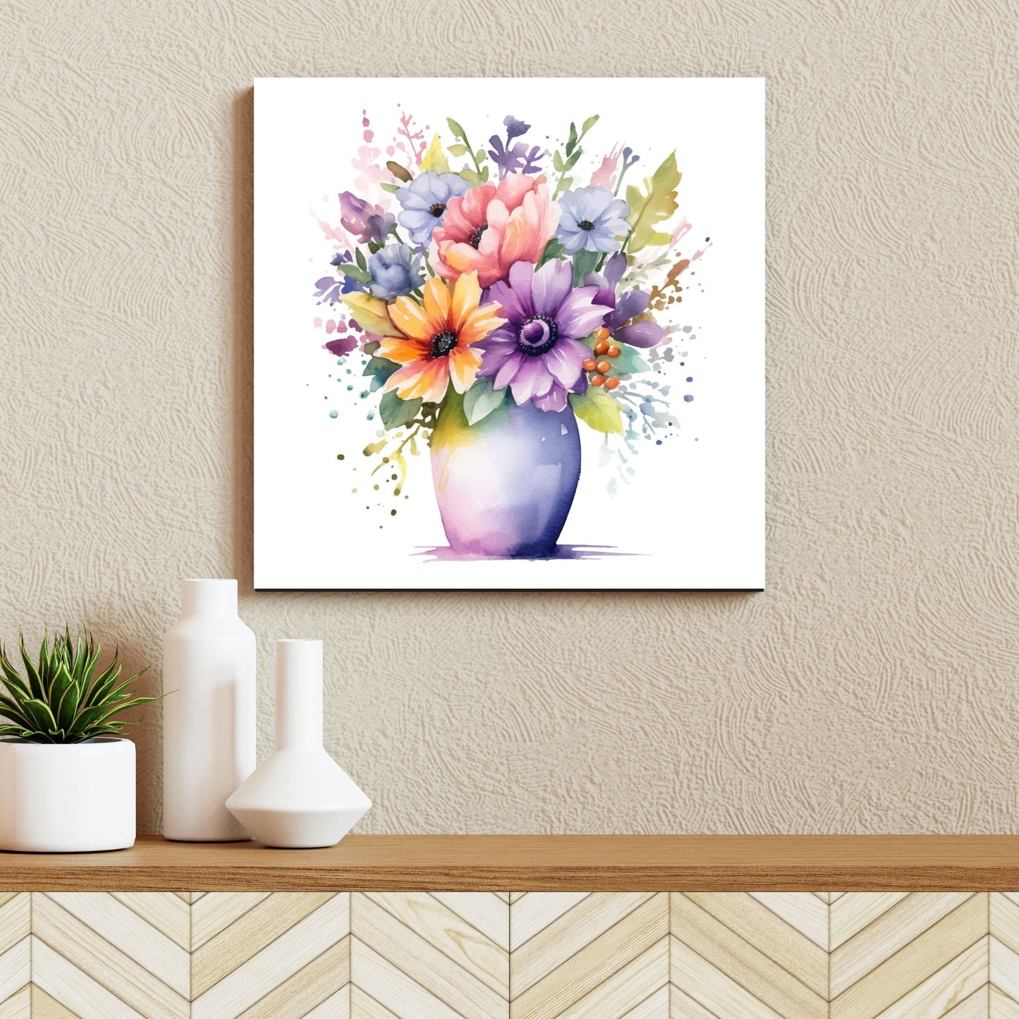 Vår "Blomster i vase" plakat og lerret er kunstnerisk utformet med grafiske illustrasjoner i akvarell, som skildrer en fargerik blomsterbukett i vase. Illustrasjonen viser motivet på lerret.