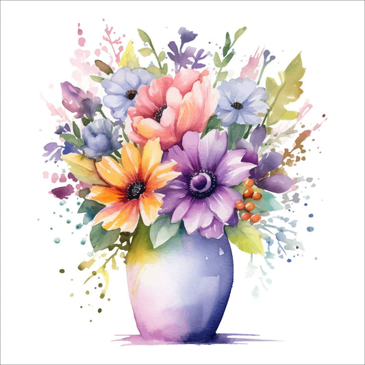 Vår "Blomster i vase" plakat og lerret er kunstnerisk utformet med grafiske illustrasjoner i akvarell, som skildrer en fargerik blomsterbukett i vase.