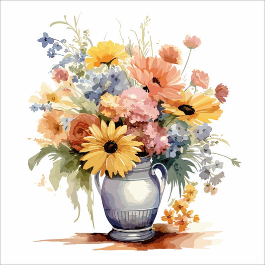 Vår "Blomster i vase" plakat og lerret er kunstnerisk utformet med grafiske illustrasjoner i akvarell, som skildrer en fargerik blomsterbukett i vase.