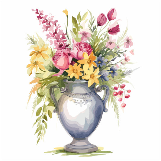 Vår "Blomster i vase" plakat og lerret er kunstnerisk utformet med grafiske illustrasjoner i akvarell, som skildrer en fargerik blomsterbukett i vase.