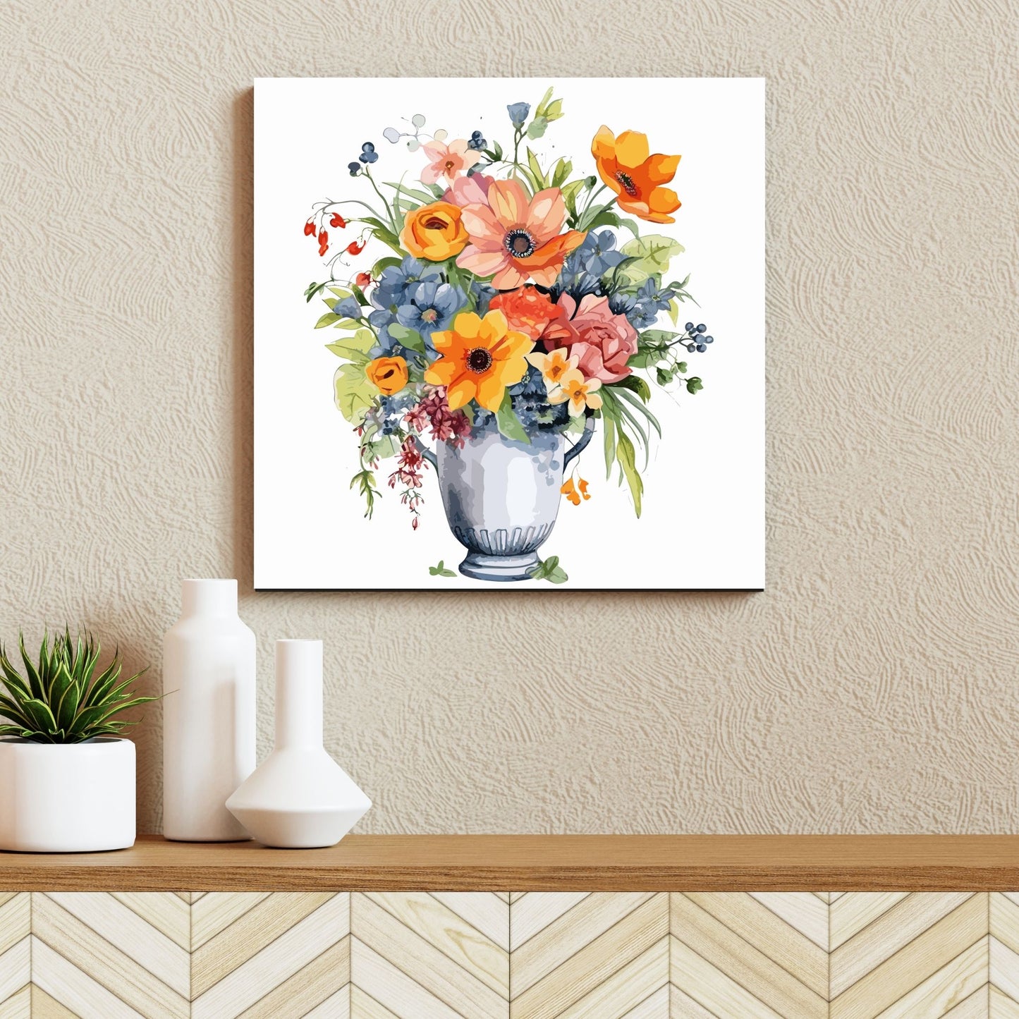 Vår "Blomster i vase" plakat og lerret er kunstnerisk utformet med grafiske illustrasjoner i akvarell, som skildrer en fargerik blomsterbukett i vase. Illustrasjonen viser motivet på lerret.