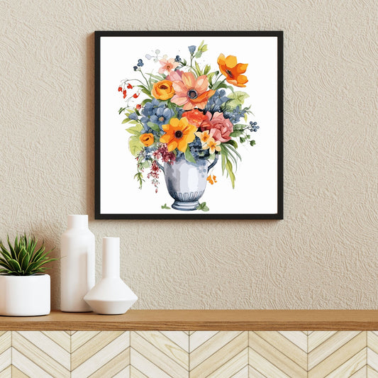 Vår "Blomster i vase" plakat og lerret er kunstnerisk utformet med grafiske illustrasjoner i akvarell, som skildrer en fargerik blomsterbukett i vase.  Illustrasjonen viser motivet som plakat i en svart ramme.