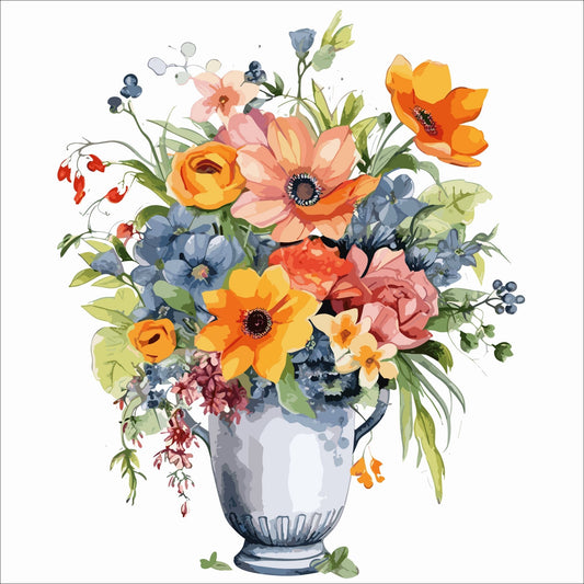 Vår "Blomster i vase" plakat og lerret er kunstnerisk utformet med grafiske illustrasjoner i akvarell, som skildrer en fargerik blomsterbukett i vase.