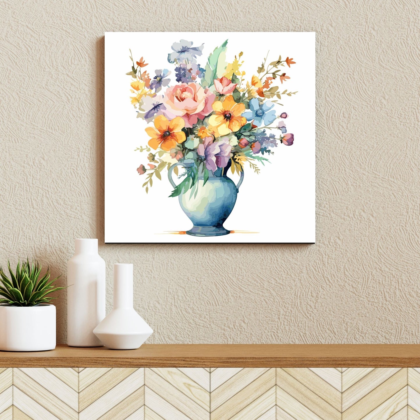 Vår "Blomster i vase" plakat og lerret er kunstnerisk utformet med grafiske illustrasjoner i akvarell, som skildrer en fargerik blomsterbukett i vase. Illustrasjonen viser motivet på lerret.