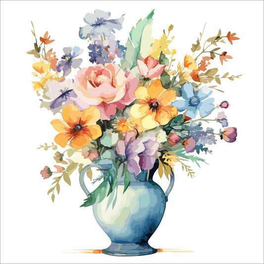 Vår "Blomster i vase" plakat og lerret er kunstnerisk utformet med grafiske illustrasjoner i akvarell, som skildrer en fargerik blomsterbukett i vase.
