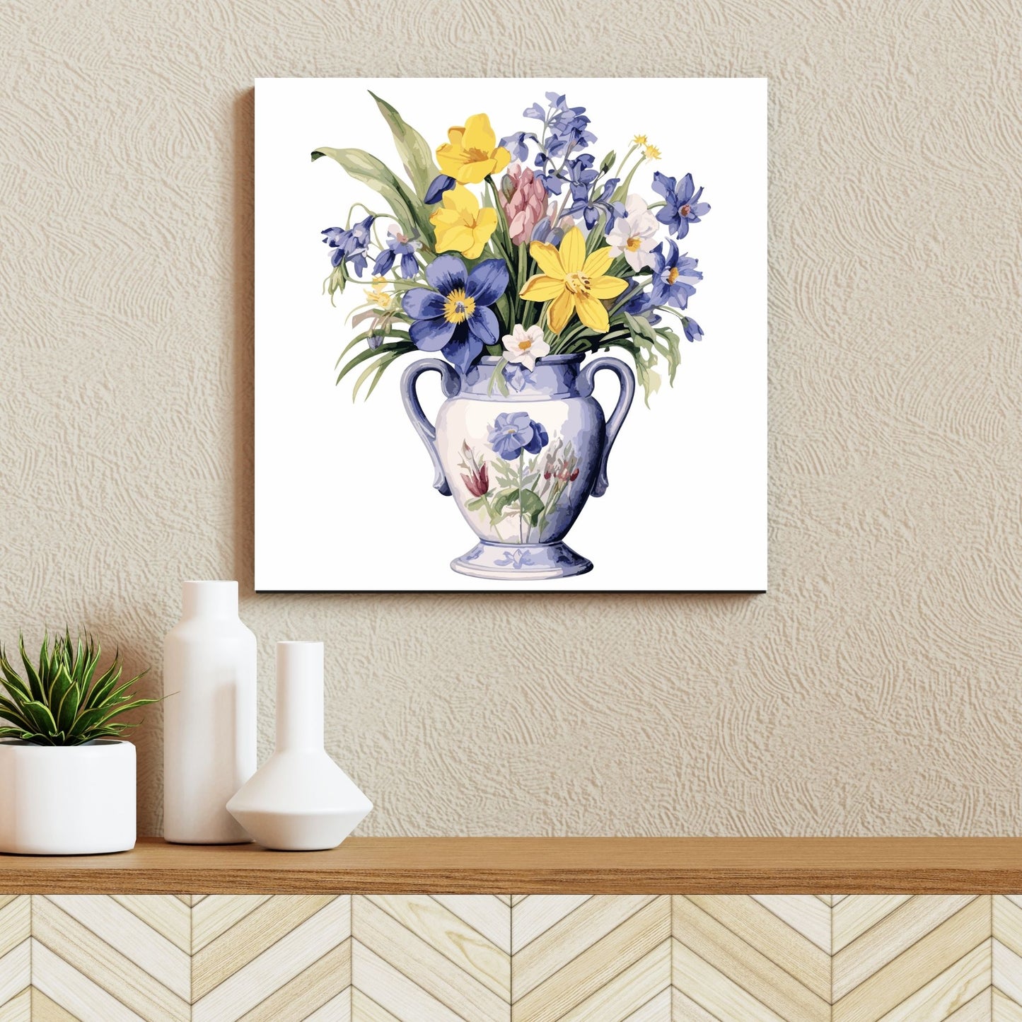 Vår "Blomster i vase" plakat og lerret er kunstnerisk utformet med grafiske illustrasjoner i akvarell, som skildrer en fargerik blomsterbukett i vase. Illustrasjonen viser motivet på lerret.