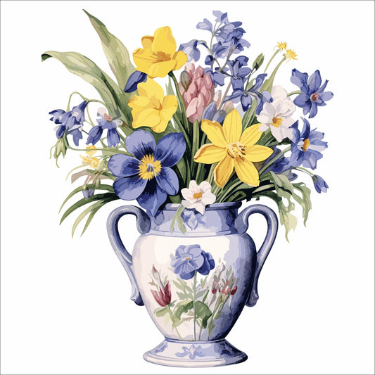 Vår "Blomster i vase" plakat og lerret er kunstnerisk utformet med grafiske illustrasjoner i akvarell, som skildrer en fargerik blomsterbukett i vase.