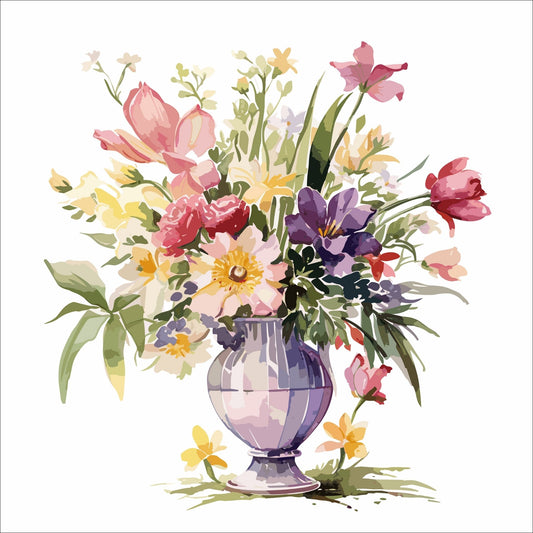 Vår "Blomster i vase" plakat og lerret er kunstnerisk utformet med grafiske illustrasjoner i akvarell, som skildrer en fargerik blomsterbukett i vase.