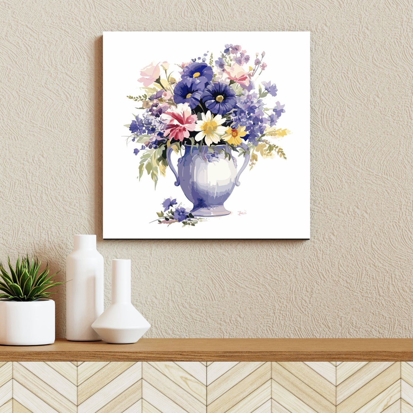 Vår "Blomster i vase" plakat og lerret er kunstnerisk utformet med grafiske illustrasjoner i akvarell, som skildrer en fargerik blomsterbukett i vase. Illustrasjonen viser motivet på lerret.