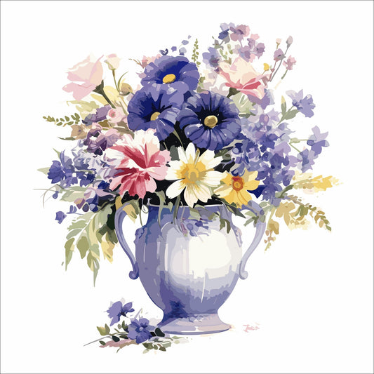 Vår "Blomster i vase" plakat og lerret er kunstnerisk utformet med grafiske illustrasjoner i akvarell, som skildrer en fargerik blomsterbukett i vase.