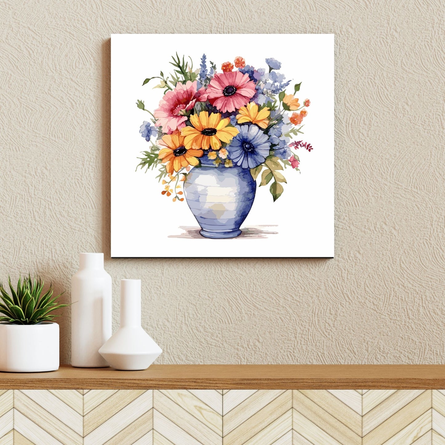 Vår "Blomster i vase" plakat og lerret er kunstnerisk utformet med grafiske illustrasjoner i akvarell, som skildrer en fargerik blomsterbukett i vase. Illustrasjonen viser motivet på lerret.