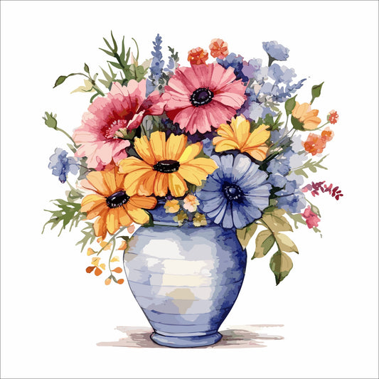 Vår "Blomster i vase" plakat og lerret er kunstnerisk utformet med grafiske illustrasjoner i akvarell, som skildrer en fargerik blomsterbukett i vase.