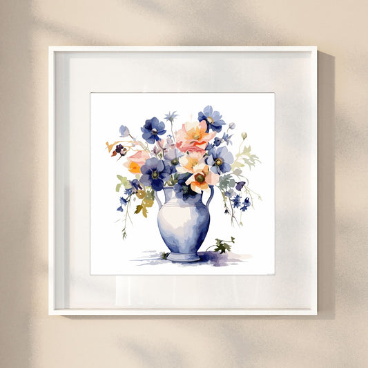 Vår "Blomster i vase" plakat og lerret er kunstnerisk utformet med grafiske illustrasjoner i akvarell, som skildrer en fargerik blomsterbukett i vase.  Illustrasjonen viser motivet som plakat i en hvit ramme.