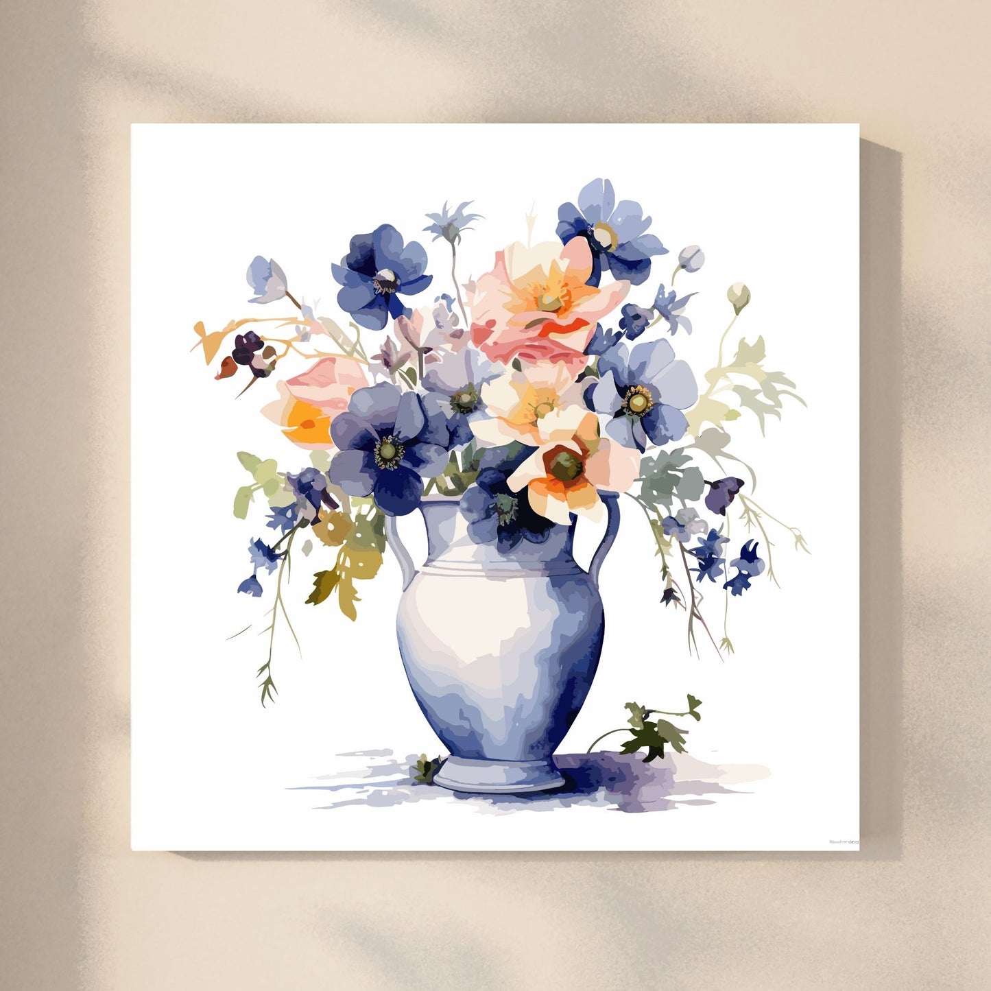 Vår "Blomster i vase" plakat og lerret er kunstnerisk utformet med grafiske illustrasjoner i akvarell, som skildrer en fargerik blomsterbukett i vase. Illustrasjonen viser motivet på lerret.