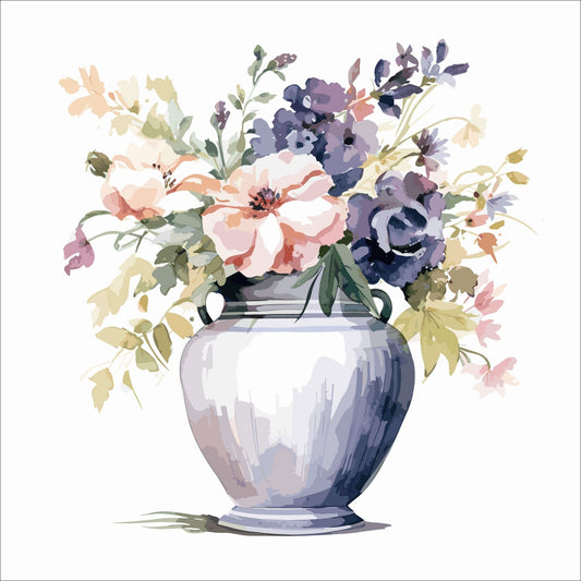 Vår "Blomster i vase" plakat og lerret er kunstnerisk utformet med grafiske illustrasjoner i akvarell, som skildrer en fargerik blomsterbukett i vase.