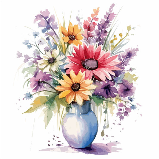 Vår "Blomster i vase" plakat og lerret er kunstnerisk utformet med grafiske illustrasjoner i akvarell, som skildrer en fargerik blomsterbukett i vase.