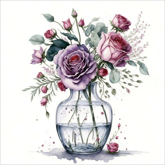 Vår "Blomster i vase" plakat og lerret er kunstnerisk utformet med grafiske illustrasjoner i akvarell, som skildrer en fargerik blomsterbukett i vase.