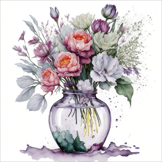 Vår "Blomster i vase" plakat og lerret er kunstnerisk utformet med grafiske illustrasjoner i akvarell, som skildrer en fargerik blomsterbukett i vase.