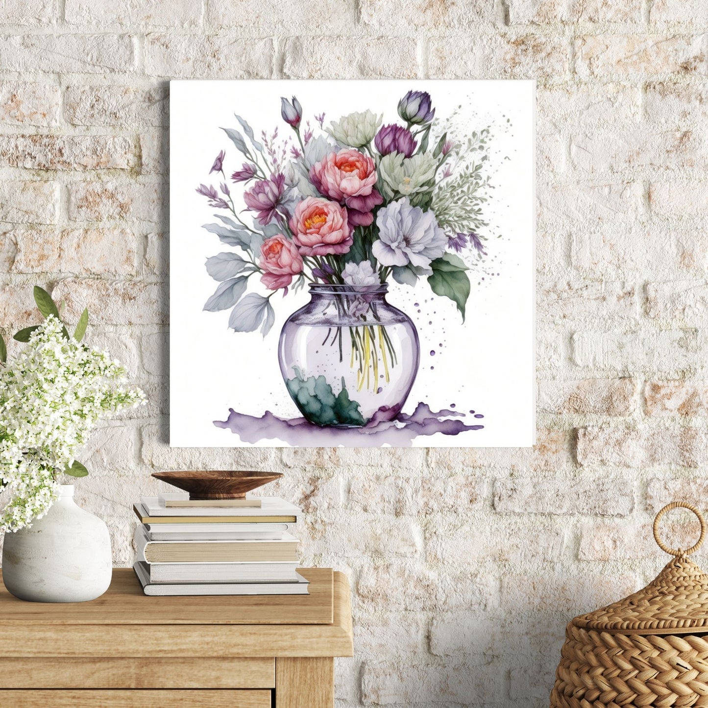 Vår "Blomster i vase" plakat og lerret er kunstnerisk utformet med grafiske illustrasjoner i akvarell, som skildrer en fargerik blomsterbukett i vase. Illustrasjonen viser motivet på lerret.