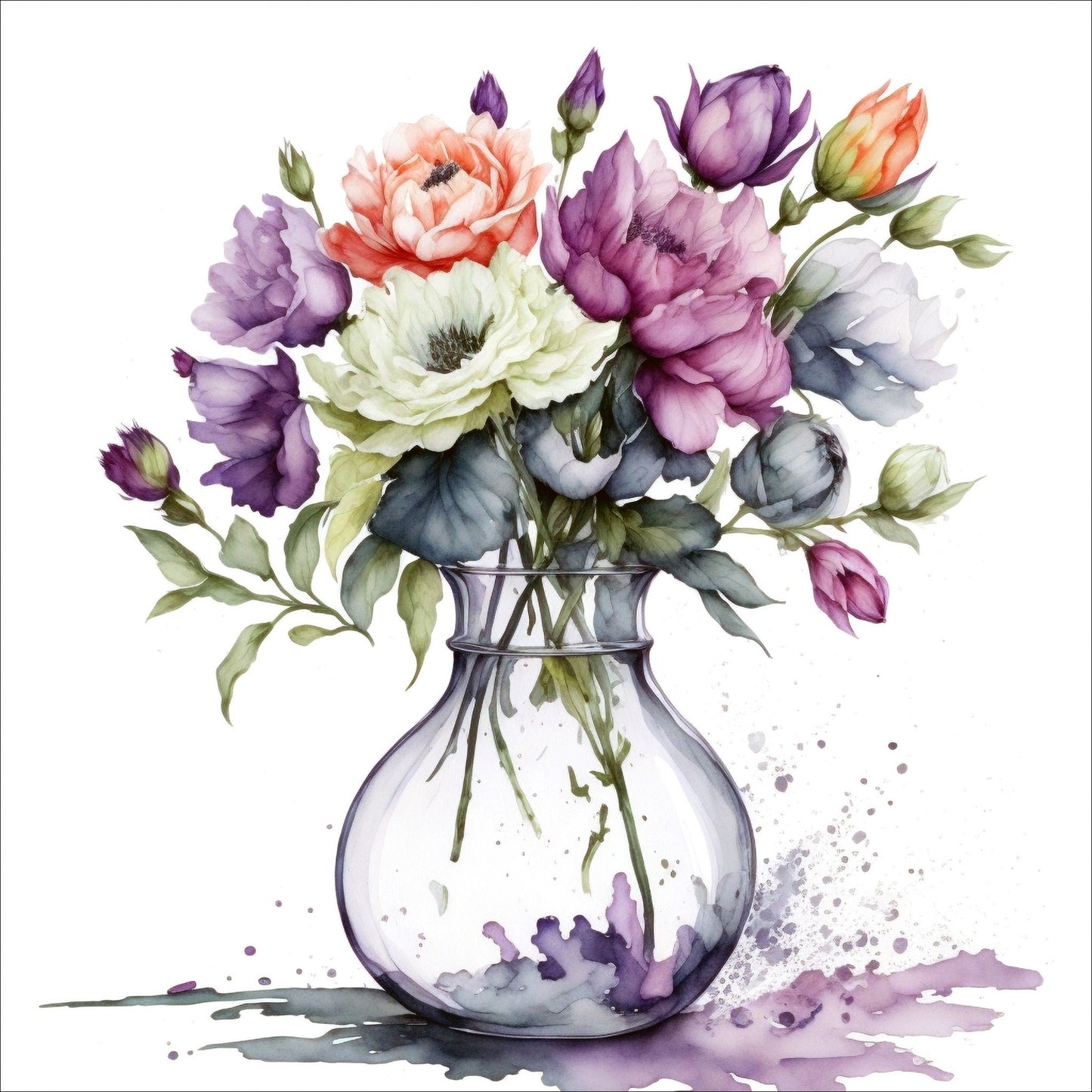 Vår "Blomster i vase" plakat og lerret er kunstnerisk utformet med grafiske illustrasjoner i akvarell, som skildrer en fargerik blomsterbukett i vase.