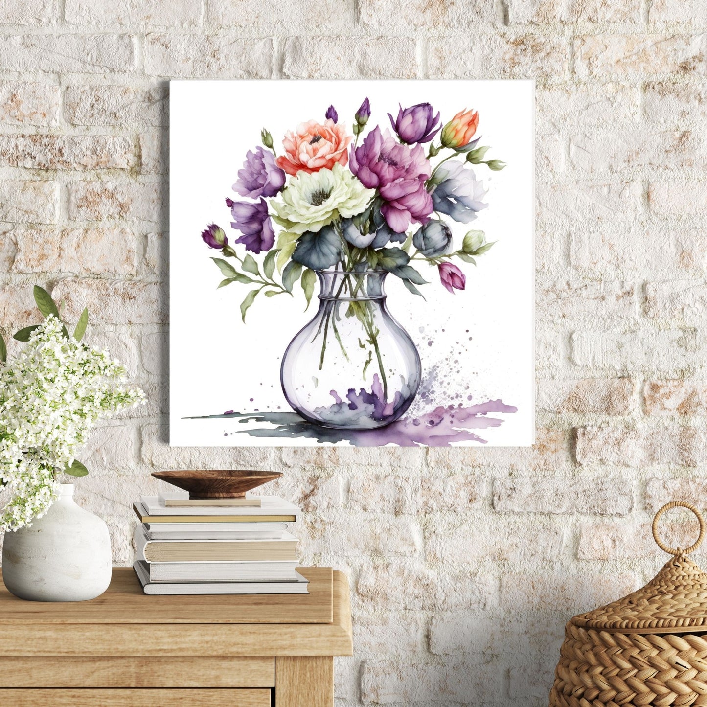 Vår "Blomster i vase" plakat og lerret er kunstnerisk utformet med grafiske illustrasjoner i akvarell, som skildrer en fargerik blomsterbukett i vase.  Illustrasjonen viser motivet på lerret.