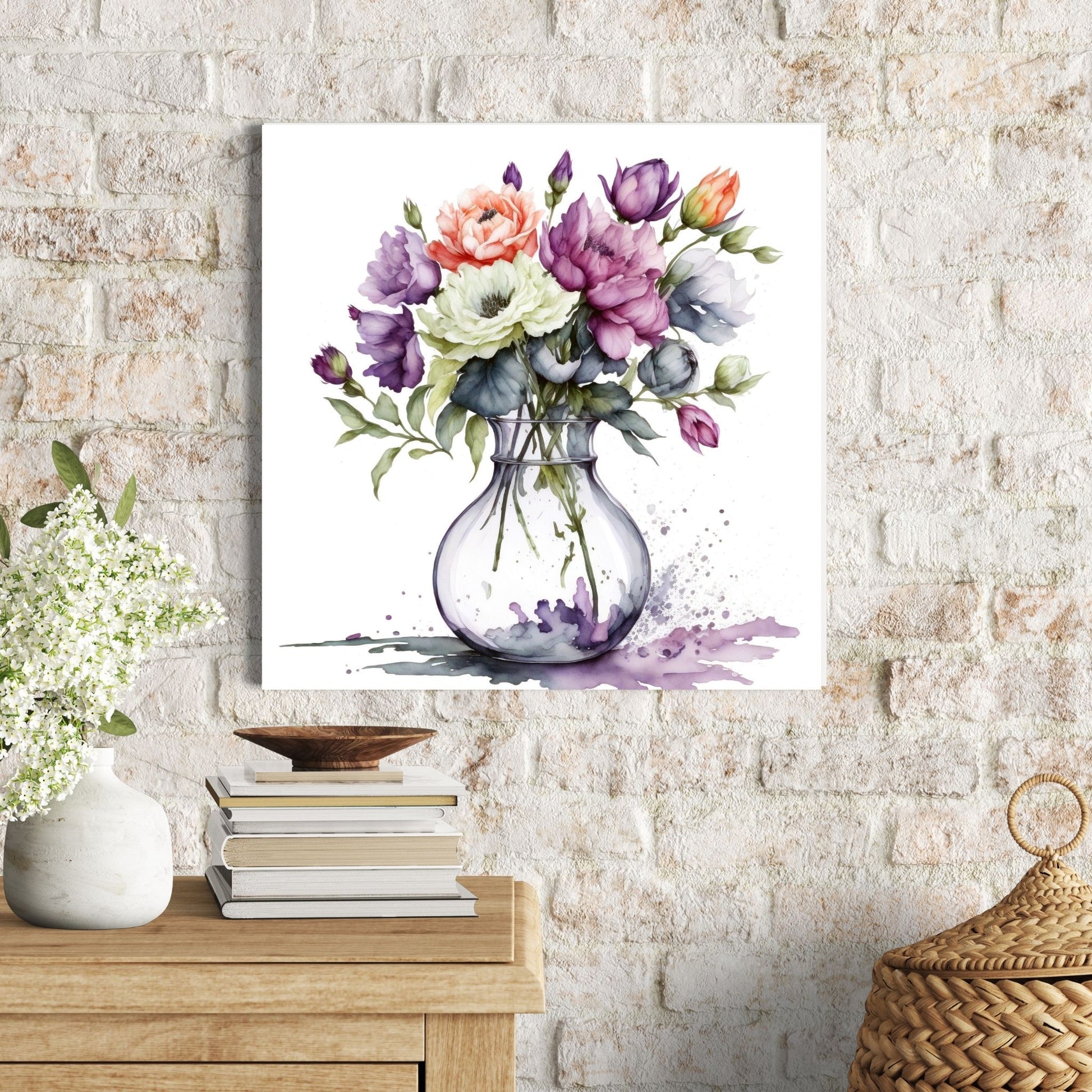 Vår "Blomster i vase" plakat og lerret er kunstnerisk utformet med grafiske illustrasjoner i akvarell, som skildrer en fargerik blomsterbukett i vase.  Illustrasjonen viser motivet på lerret.