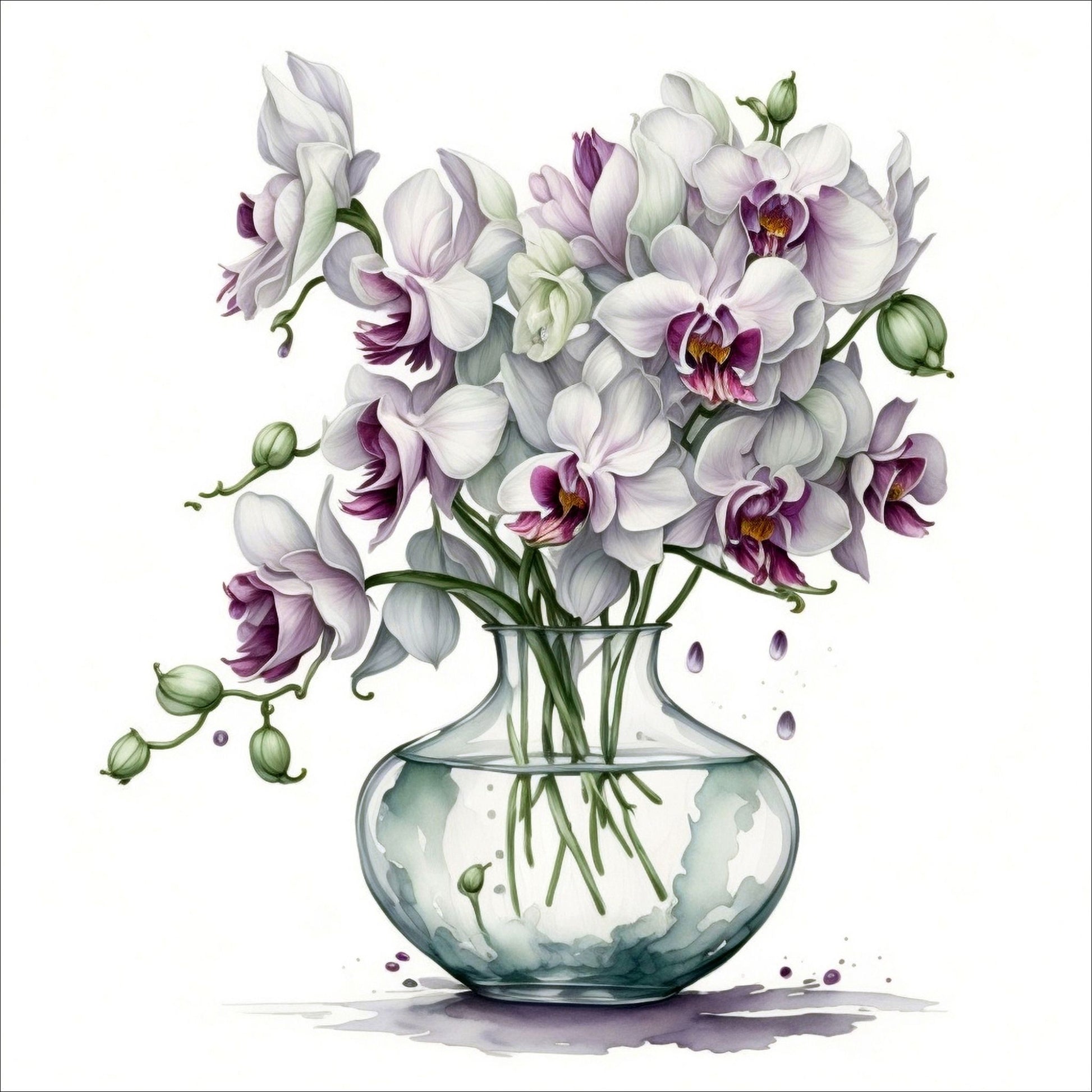 Vår "Blomster i vase" plakat og lerret er kunstnerisk utformet med grafiske illustrasjoner i akvarell, som skildrer en fargerik blomsterbukett i vase.