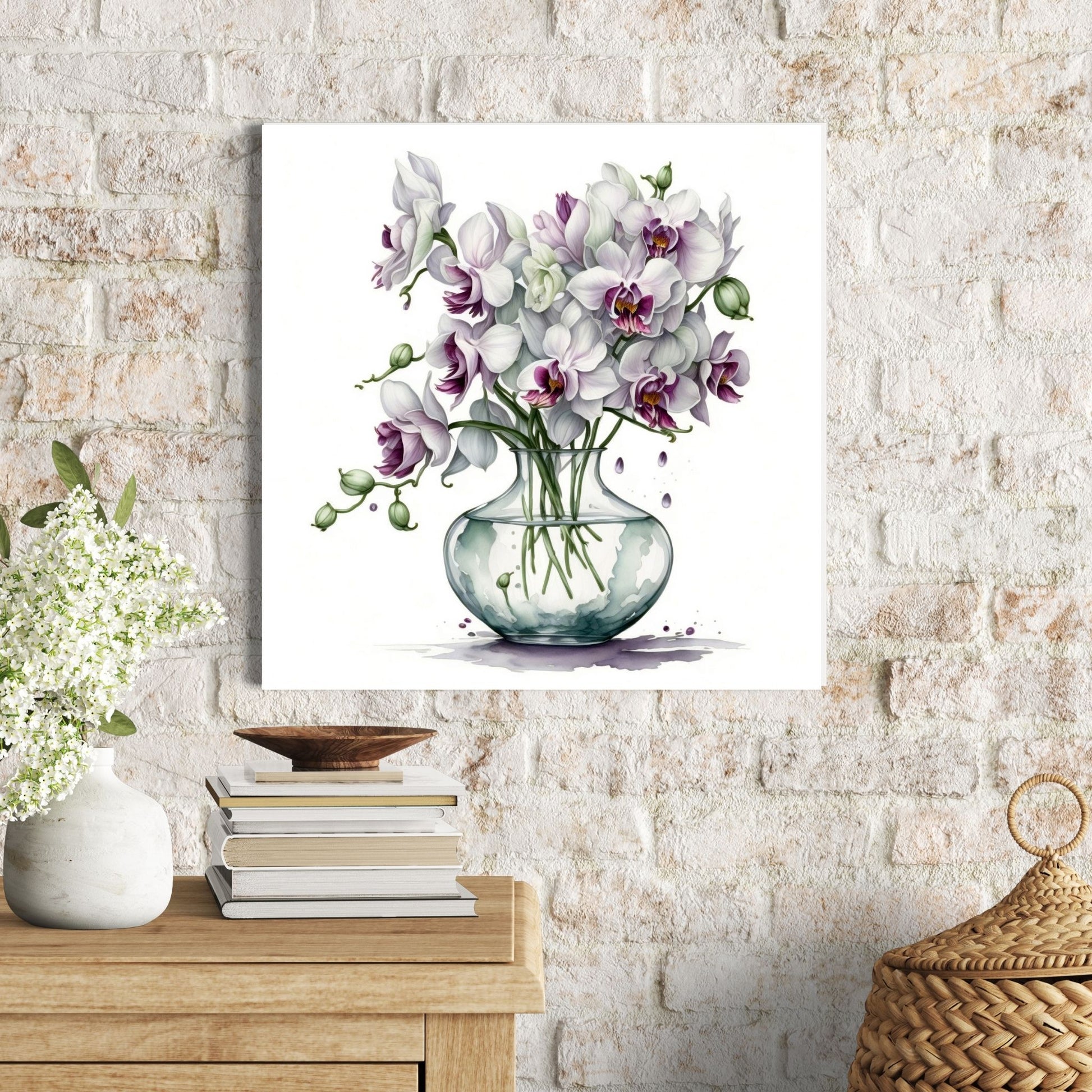 Vår "Blomster i vase" plakat og lerret er kunstnerisk utformet med grafiske illustrasjoner i akvarell, som skildrer en fargerik blomsterbukett i vase.  Illustrasjonen viser motivet på lerret.