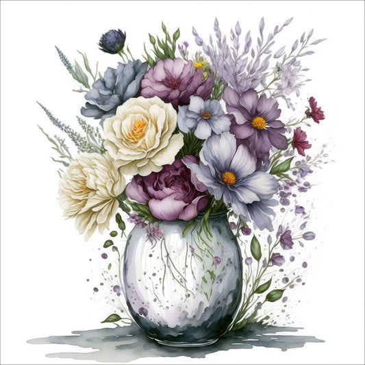 Vår "Blomster i vase" plakat og lerret er kunstnerisk utformet med grafiske illustrasjoner i akvarell, som skildrer en fargerik blomsterbukett i vase.