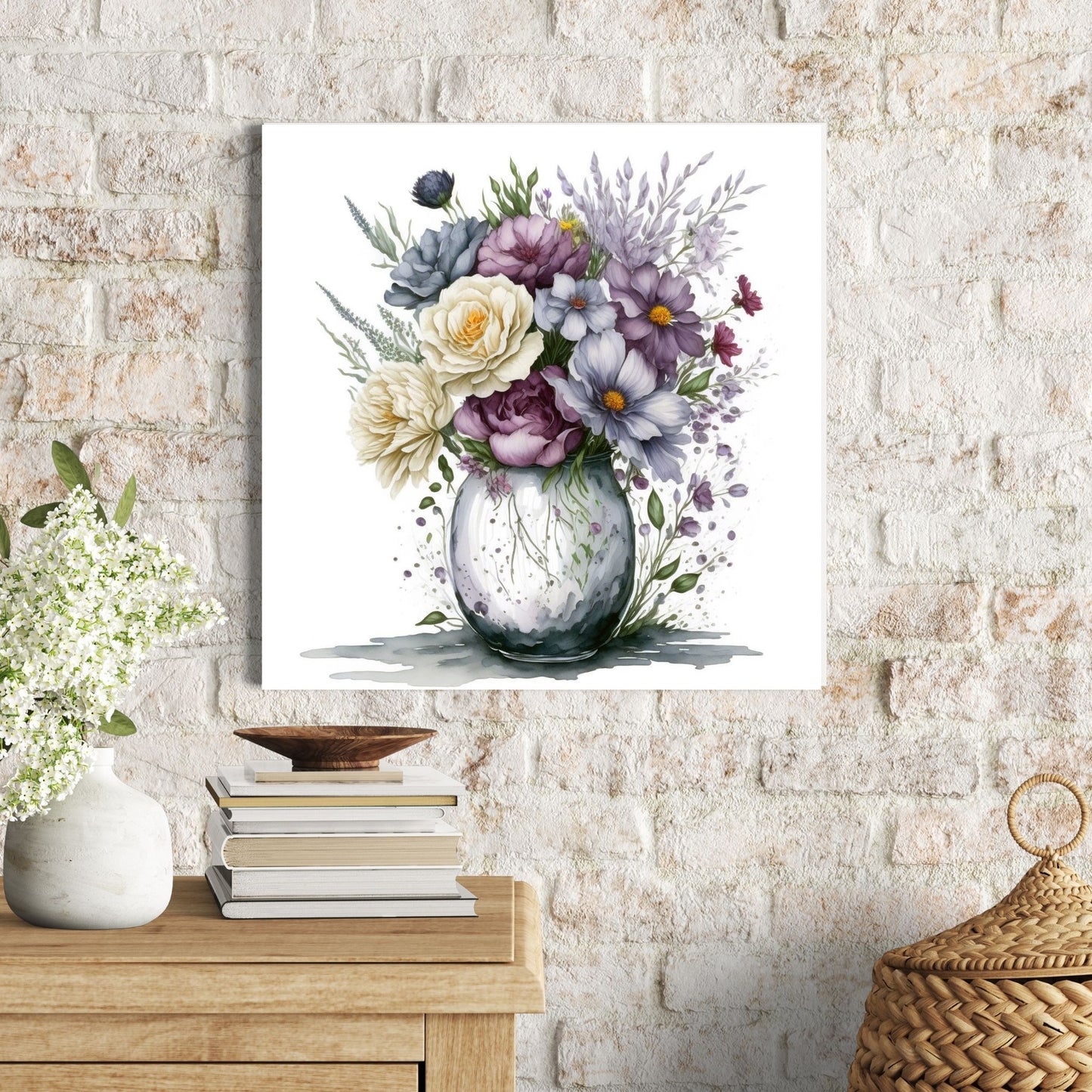 Vår "Blomster i vase" plakat og lerret er kunstnerisk utformet med grafiske illustrasjoner i akvarell, som skildrer en fargerik blomsterbukett i vase. Illustrasjonen viser motivet på lerret.