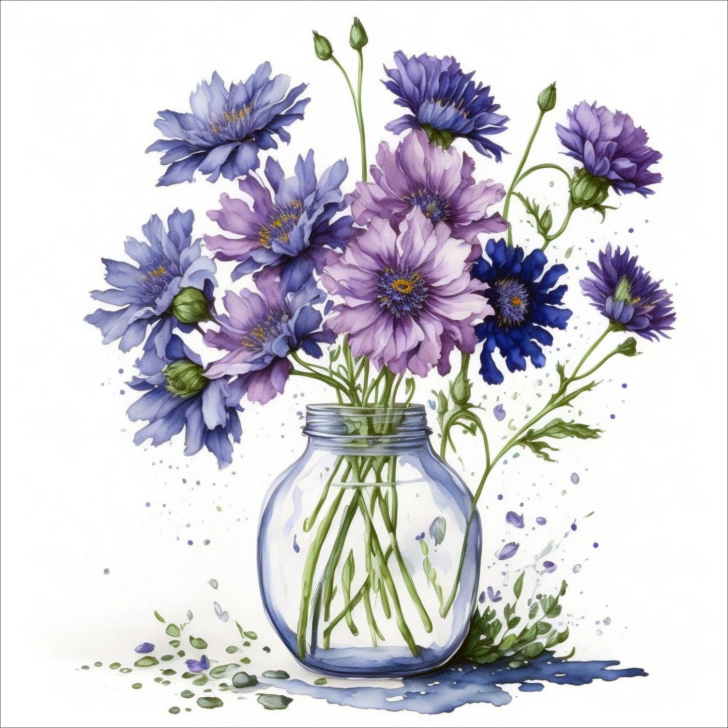 Vår "Blomster i vase" plakat og lerret er kunstnerisk utformet med grafiske illustrasjoner i akvarell, som skildrer en fargerik blomsterbukett i vase.