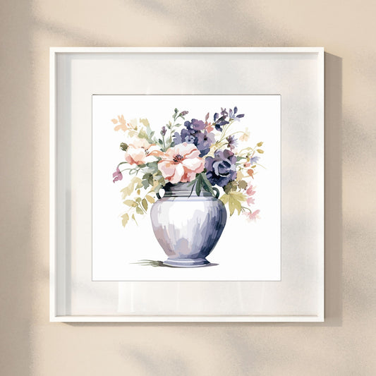 Vår "Blomster i vase" plakat og lerret er kunstnerisk utformet med grafiske illustrasjoner i akvarell, som skildrer en fargerik blomsterbukett i vase.  Illustrasjonen viser motivet som plakat i en hvit ramme.