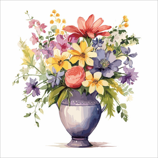 Vår "Blomster i vase" plakat og lerret er kunstnerisk utformet med grafiske illustrasjoner i akvarell, som skildrer en fargerik blomsterbukett i vase.