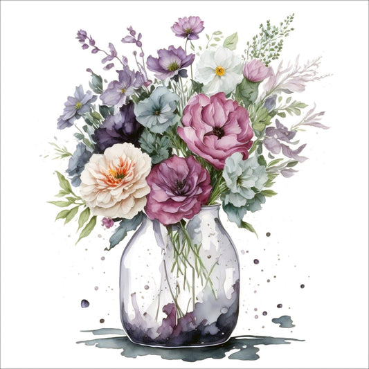 Vår "Blomster i vase" plakat og lerret er kunstnerisk utformet med grafiske illustrasjoner i akvarell, som skildrer en fargerik blomsterbukett i vase.