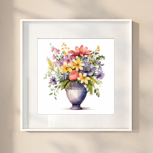 Vår "Blomster i vase" plakat og lerret er kunstnerisk utformet med grafiske illustrasjoner i akvarell, som skildrer en fargerik blomsterbukett i vase.  Illustrasjonen viser motivet som plakat i en hvit ramme.