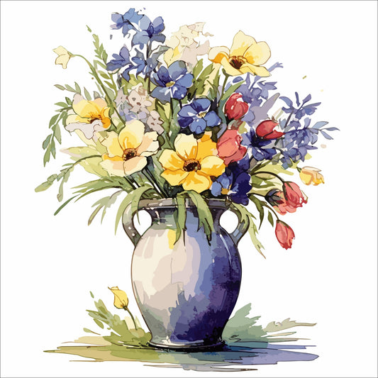 Vår "Blomster i vase" plakat og lerret er kunstnerisk utformet med grafiske illustrasjoner i akvarell, som skildrer en fargerik blomsterbukett i vase.