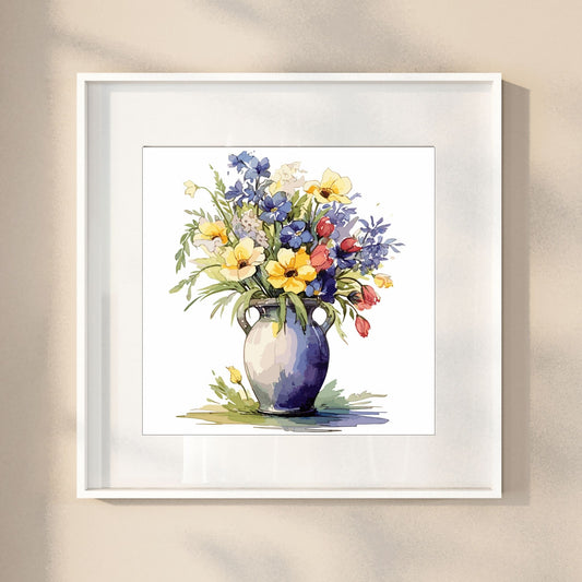 Vår "Blomster i vase" plakat og lerret er kunstnerisk utformet med grafiske illustrasjoner i akvarell, som skildrer en fargerik blomsterbukett i vase.  Illustrasjonen viser motivet som plakat i en hvit ramme.