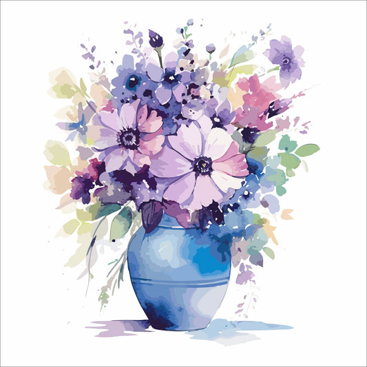 Vår "Blomster i vase" plakat og lerret er kunstnerisk utformet med grafiske illustrasjoner i akvarell, som skildrer en fargerik blomsterbukett i vase.