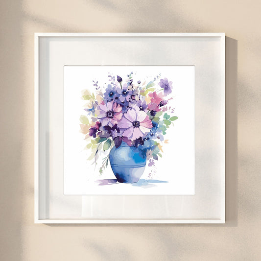 Vår "Blomster i vase" plakat og lerret er kunstnerisk utformet med grafiske illustrasjoner i akvarell, som skildrer en fargerik blomsterbukett i vase.  Illustrasjonen viser motivet som plakat i en hvit ramme.