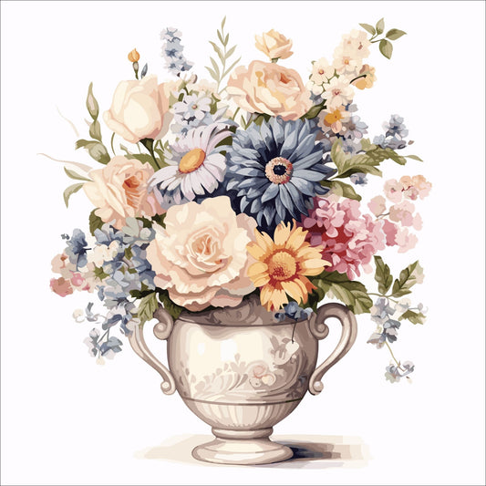 Vår "Blomster i vase" plakat og lerret er kunstnerisk utformet med grafiske illustrasjoner i akvarell, som skildrer en fargerik blomsterbukett i vase.